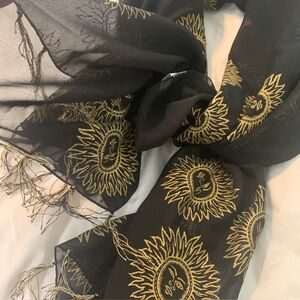 Rima Hawaiian Beach Wrap Sarong Scarf Shawl Tropical Black Gold Sunbursts 40x70"